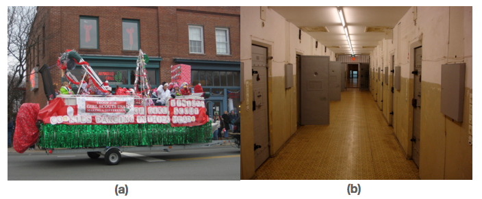 Figure a shows a float made by Girl Scouts. Figure b shows the hallway of a correctional facility.