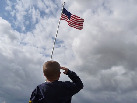 A young boy is shown from behind saluting the American flag flying from a flagpole.