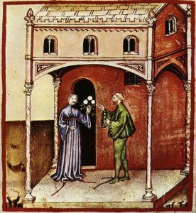 medieval painting of a man presenting flowers to a lady.