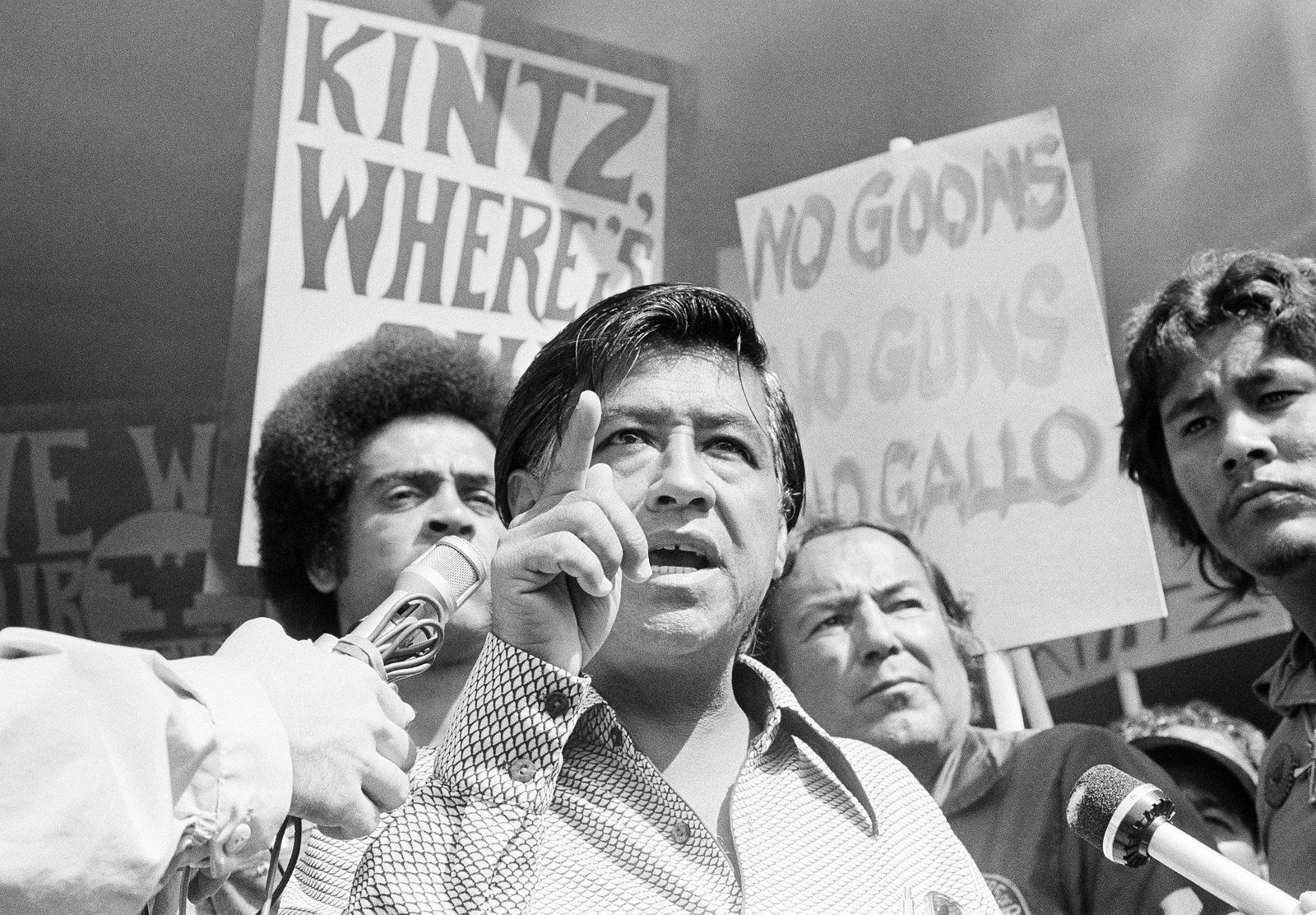 Cesar Chavez, the head of the United Farm Workers Union, calls for the resignation of Walter Kintz, the first legal counsel for the state Agriculture Labor Relations Board, in Sacramento, Calif., on Sept. 16, 1975. Chavez's efforts in California culminated in landmark legislation that protected the rights of the state's farmworkers and created the ALRB. AP