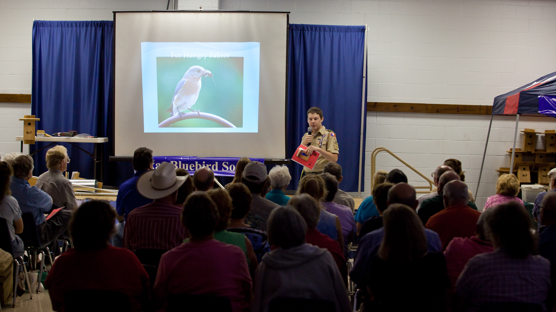 William T. Hornaday Conservation Award Winner and Eagle Scout delivering informative speech about the importance of nest-boxes and promoting the interests of the Texas Bluebird Society at their 10th Annual Meeting and Convention in Glen Rose, Texas on August 20, 2011. TBS is an active interest group advocating on behalf of the protection of Eastern Bluebirds and their habitat.