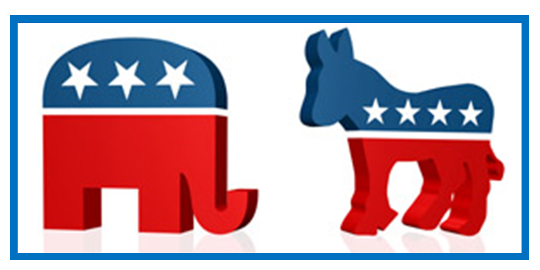 Symbols of the two major political parties in the U.S.--an elephant and a donkey