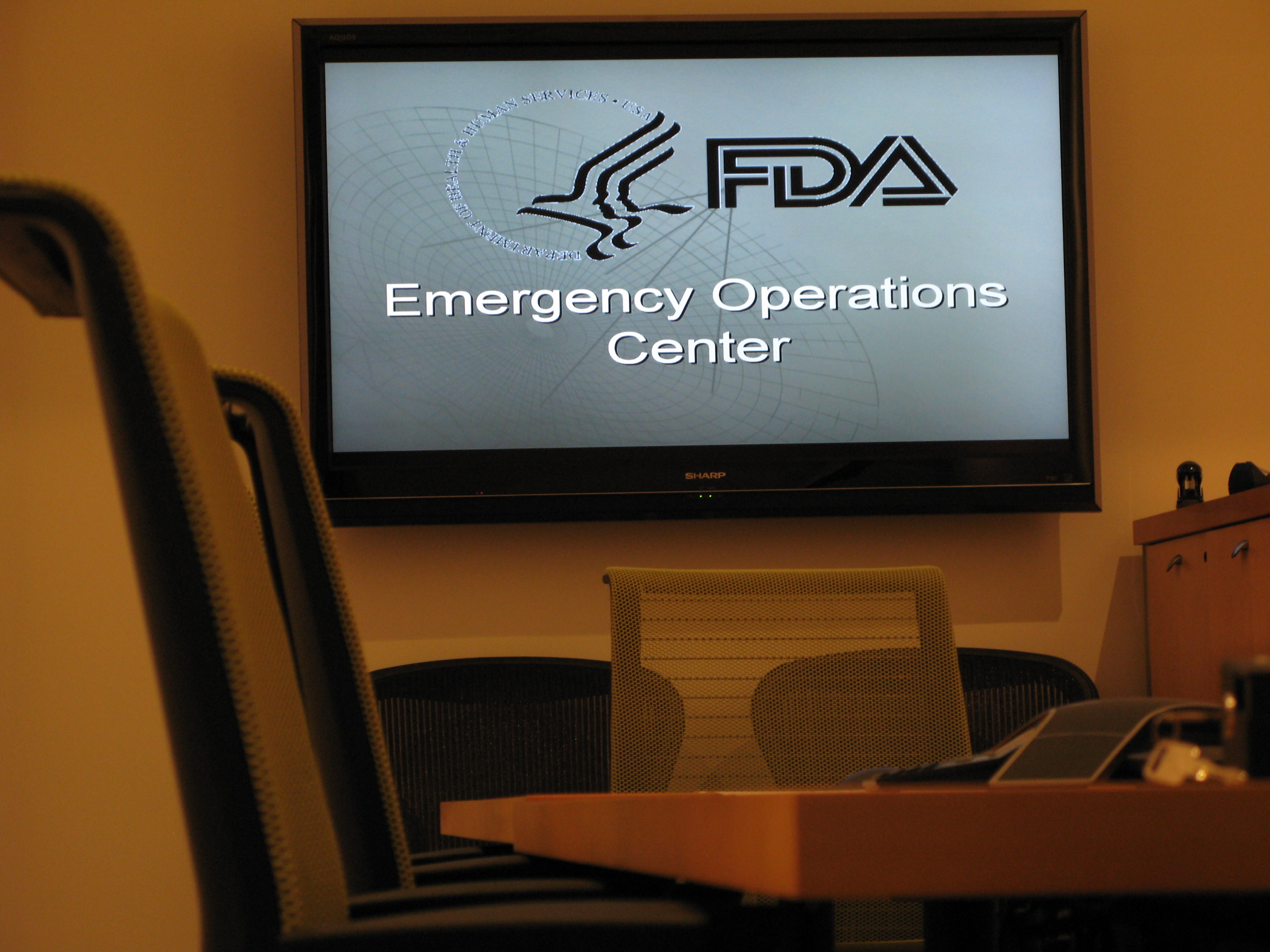 Photo of screen and chairs in the emergency operations center of the FDA
