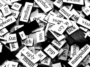 Photo of a jumble of magnetic words used for fridge poetry sets