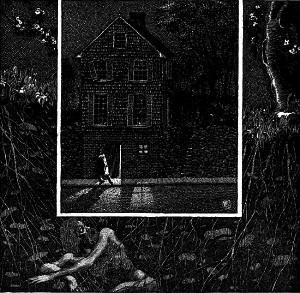 Illustration of a house set deep in an overgrown setting.  There is a figure in a trench coat leaving the bottom door of the house.  In the undergrowth in the foreground, a naked long-haired man looks on the house. 