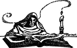 Illustration of a death figure wearing a robe, seated reading a giant book. A candle burns on the table beside the book, with a smoke plume curling behind Death's head