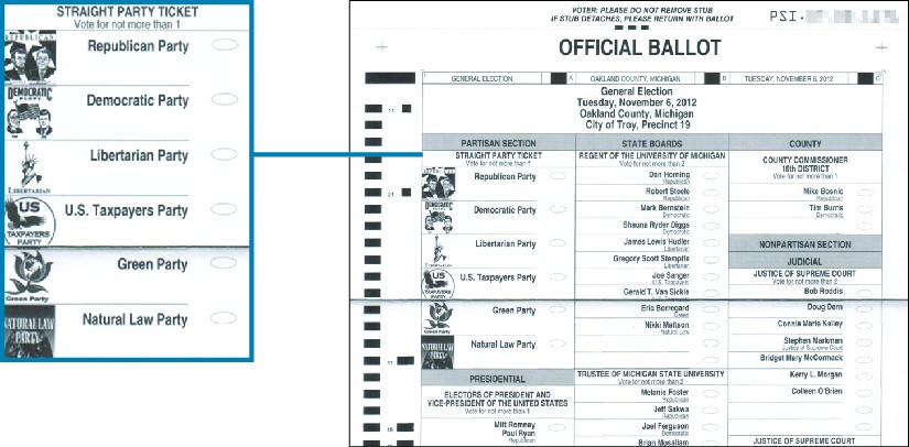 An image of an official ballot for the 2012 general election. A callout box highlights the section titled 