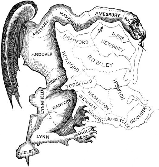 A cartoon that depicts gerrymandering. The outline of several voting districts is shown. The border of the districts is used as the backbone for a large fantastical creature.