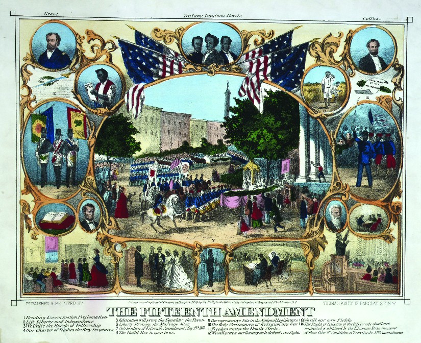 A print from 1870 that shows several scenes of African Americans participating in everyday activities. Under the scenes is the text 