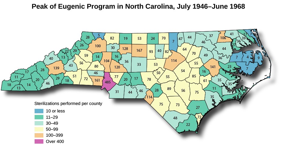 A map of North Carolina titled Peak of Eugenic Program in North Carolina, July 1946 to June 1968