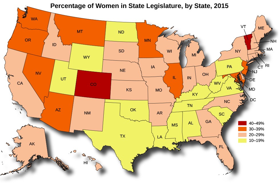A map of the United States titled Percentage of Women in State Legislature, by State, 2015