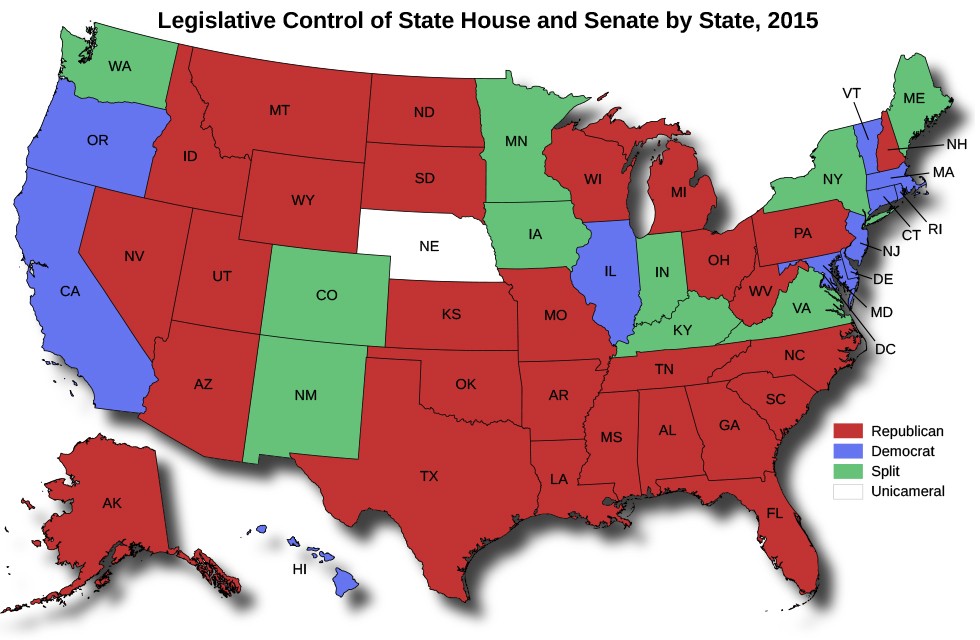 A map of the United States titled Legislative Control of State House and Senate by State, 2015