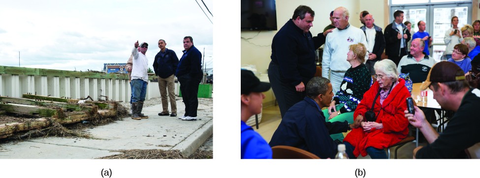 Image A is of Chris Christie and Barack Obama standing on a sidewalk with another person. Image B is of Chris Christie and Barack Obama in a room full of people.