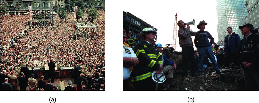 Image A is of John F. Kennedy giving a speech to a large crowd of people. Image B is of George W. Bush speaking through a bullhorn, surrounded by several rescue workers.
