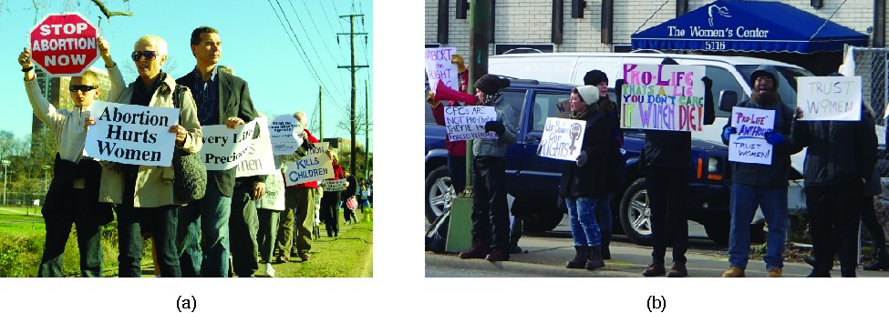 Photo A shows a group of people in a line holding signs. The signs that are visible read 