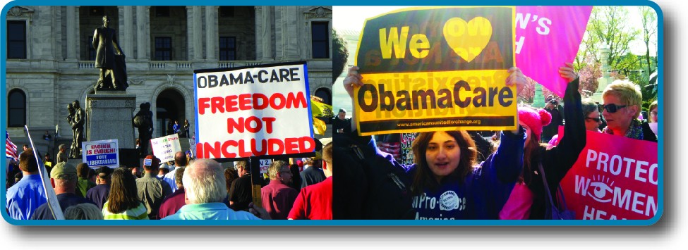 A large group of people in front of Supreme Court building holding signs. Some signs have messages such as as We love Obamacare and others with Obamacare: Freedom not included.