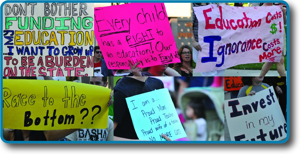 An image of six handwritten signs. The signs have messages such as Every child has a right to an education, our responsibility is to fund it. Other signs have messages like Don't bother funding my education, I want to grow up to be a burden on the state.