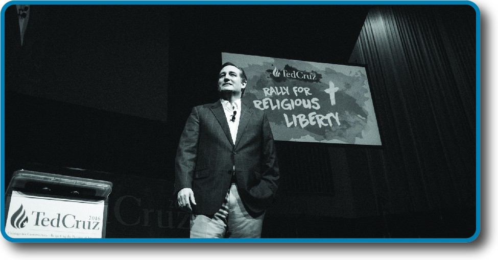An image of Ted Cruz standing in front of a sign that reads Rally for Religious Liberty