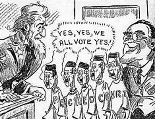 An illustration of seven people. On the left is an Uncle Sam figure. On the right is a person in a suit with a wide grin and glasses. In between the two people are five people in robes. Letters across all of the robes read