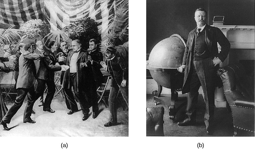 Image A is an illustration of William McKinley’s assassination. Image B is a photo of Theodore Roosevelt.