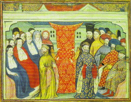 A photo of an illustration from a 12th century manuscript. The illustration shows Henry IV in the center right as he claims the throne of England. Henry IV is surrounded by a number of people on the left and right.