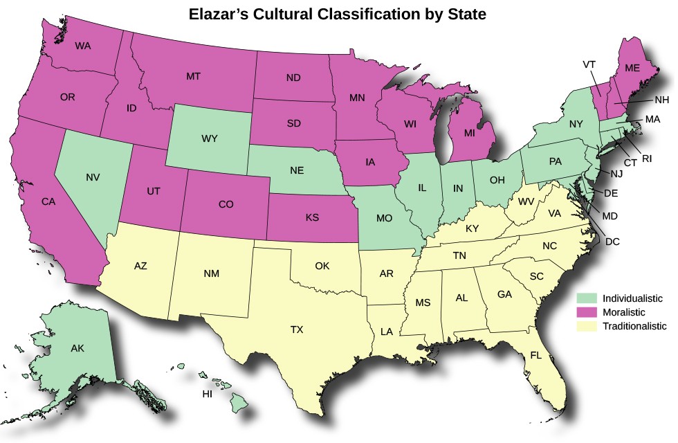 A map of the United States titled Elazar's Cultural Classification by State