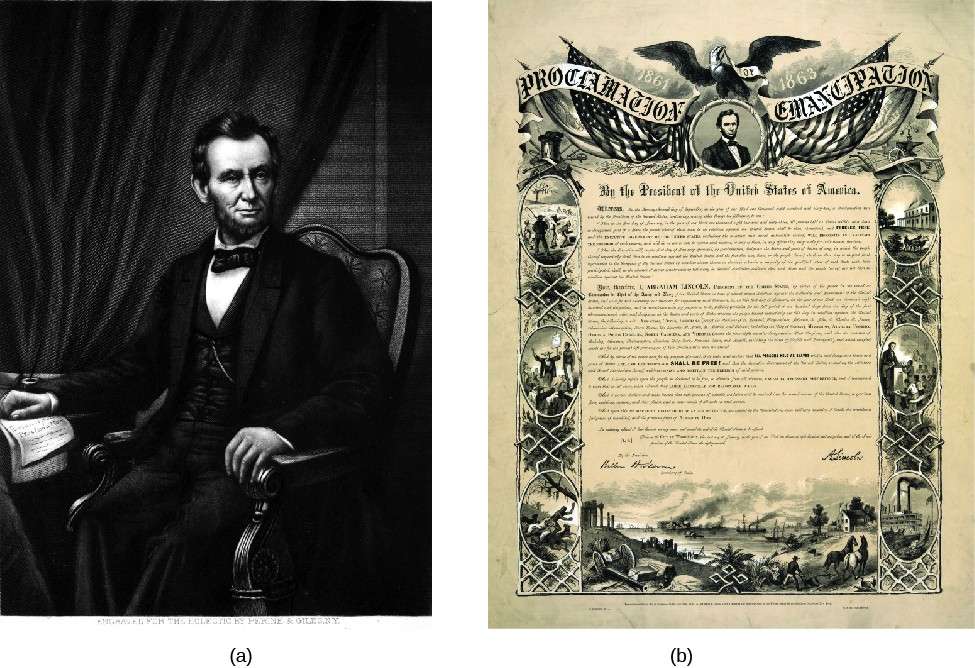 Image A is of Abraham Lincoln sitting in a chair. His right hand rests on a paper document. Image B is of a document. The document reads 