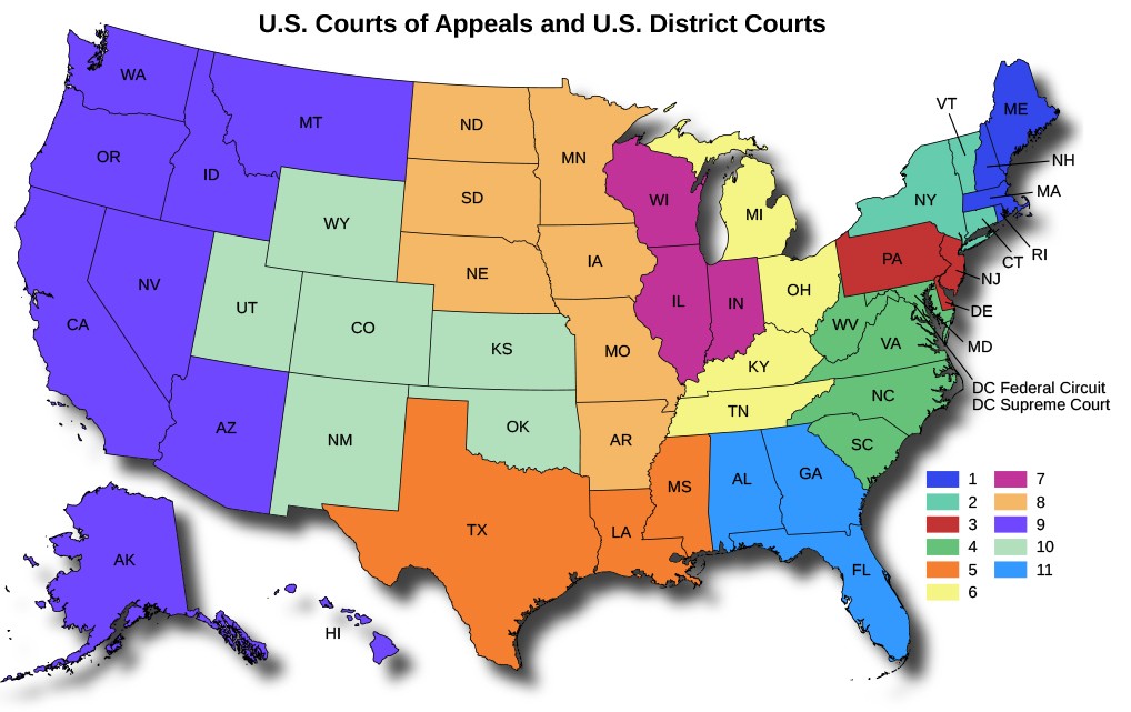 A map of the Unites States titled U.S. Courts of Appeals and U.S. District Courts