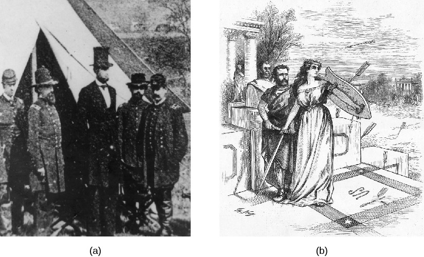 Image A is a photo of Abraham Lincoln meeting with Union Soldiers. Image B is a cartoon of Ulysses S. Grant being shielded from arrows by 