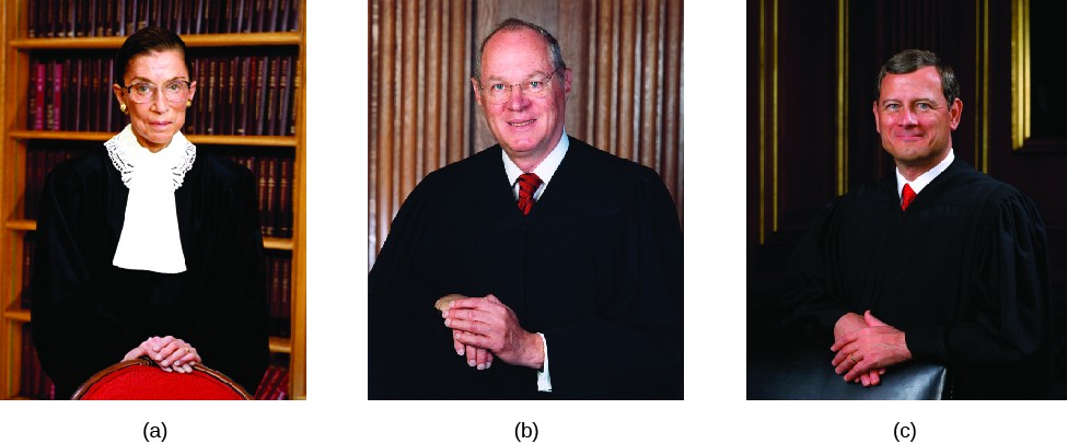 Image A is of Justice Ruth Bader Ginsburg. Image B is of Justice Anthony Kennedy. Image C is of Justice John Roberts.