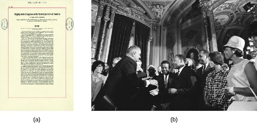 Image A is an official document. The text is unreadable. Image B is of a group of people, including Lyndon B. John, Martin Luther King Jr., and Rosa Parks.