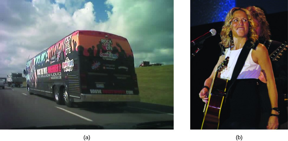 Image A is of a tour bus driving along a road. Print on the back of the bus reads 