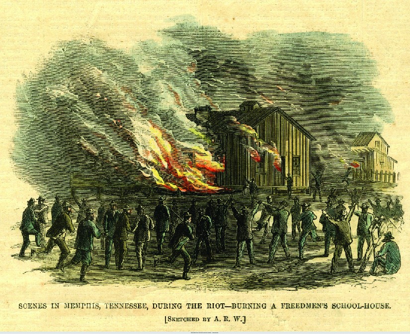 An image of a sketch of a building on fire. Several people are standing outside the building. Some of the people are armed. At the bottom of the image reads 