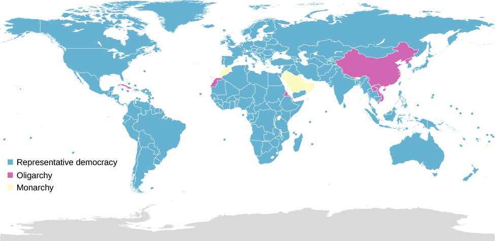 A map of the world labeled to indicate the forms of government in each country. A legend to the left reads 