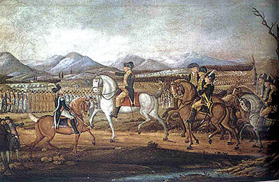 George Washington leads troops to put down the Whiskey Rebellion.