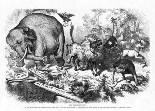 Thomas Nast drawing of elephant and donkey as Republican and Democrat mascots.