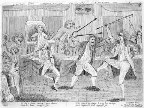 A political cartoon depicting rowdy Congressmen circa 18th century.