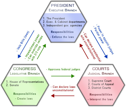 A diagram of the balance of power and checks between the branches of government, the Executive, Legislative, and Judicial.