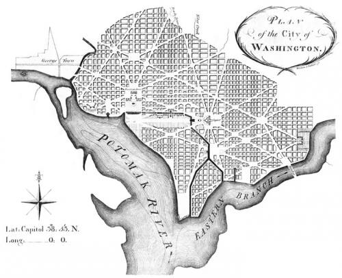 Map of the plan of the city of Washington, with the streets laid out in a grip, and the Potomak River on the southern border.