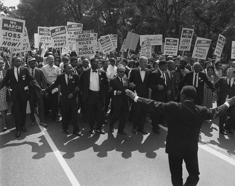 African American civil rights protesters march on Washington, with Martin Luther King Junior leading