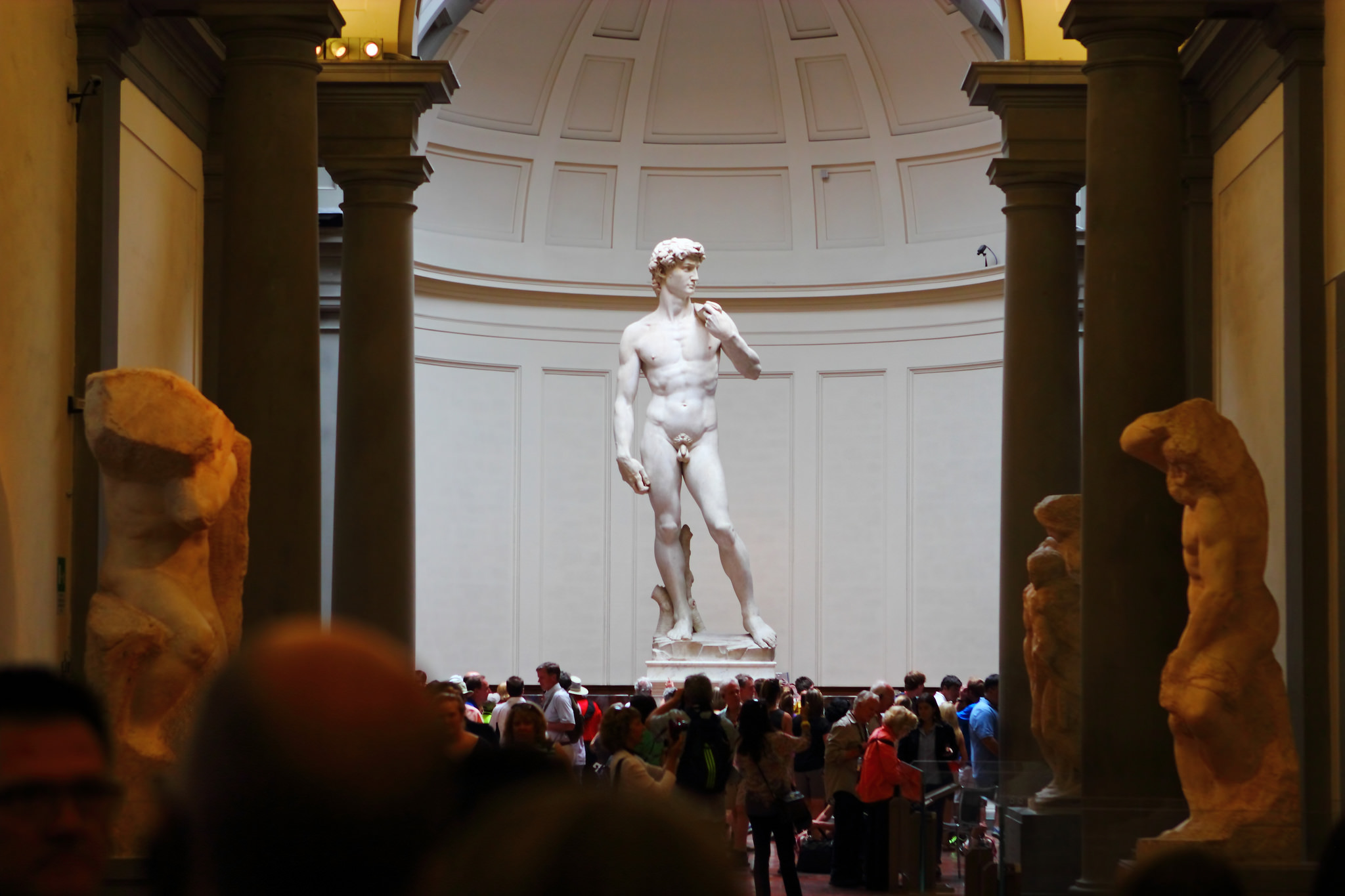 The David standing in a large circular room. The statue is raised on a pedestal, so it is not obstructed by the large crowd gathered in front of it.