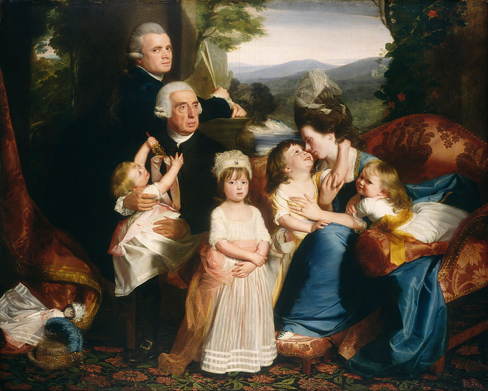 The portrait features husband and wife, four children, and an older man.