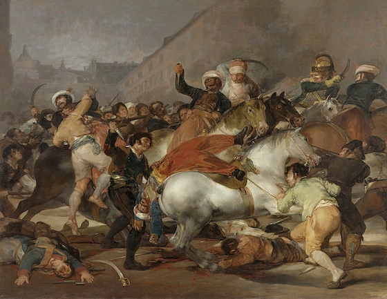 A battle scene; men both on foot and on horseback fight. The central focus is a man sliding off his horse while another aims a dagger at him.