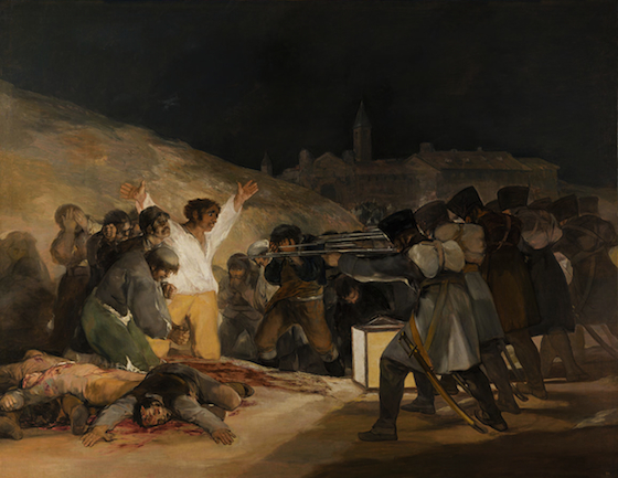 A group of Spanish resistance are huddled backed against a wall. One of their members lies dead on the ground, his own blood surrounding him. A central figure stands and is directly illuminated by a lantern. He wears a white shirt and his arms are outstretched. The resistance are surrounded by armed French troops, who stand behind the lantern and are cast in shadow.  Madrid is painted in the dark background.