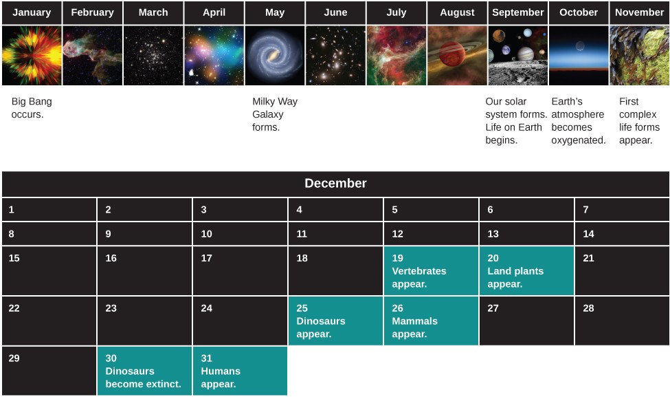 Diagram of the History of the Universe, compressed into a single year. The upper portion of the figure shows the calendar as one row from January to November. Events of special significance have been labeled. Starting at far left under January is labeled 