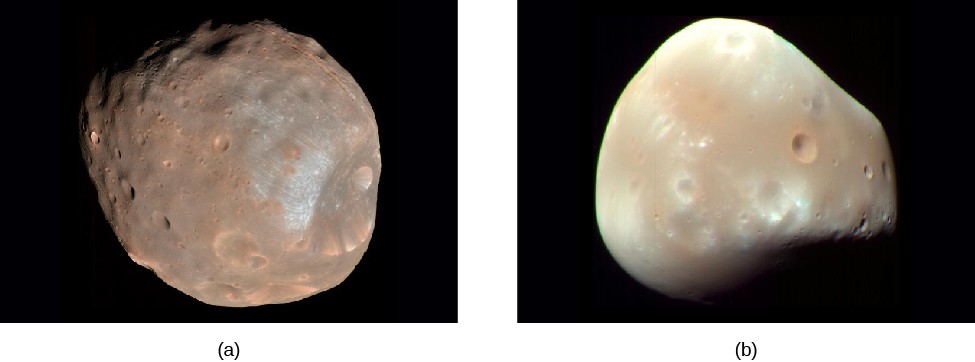 Images of Phobos and Deimos. Panel (a), at left, shows Phobos, a brownish, 