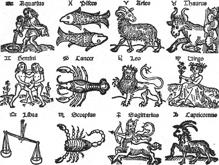 Medieval Woodcut of the Signs of the Zodiac. In this image artistic representations of the 12 major constellations of the Zodiac are drawn. Above each rendering the astrological symbol and name of the constellation is given. Starting from upper left: Aquarius the water bearer, the two fish of Pisces, Aries the ram, Taurus the bull, Gemini the twins, Cancer the crab, Leo the lion, Virgo the virgin, Libra the scales, Scorpius the scorpion, Sagittarius the Centaur, and finally at lower right is Capricornus the goat.