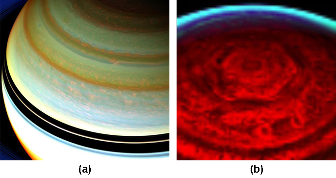 Part A shows the Cloud Bands on Saturn. In contrast to the cloud bands on Jupiter, Saturn’s clouds appear smoother and less turbulent. Saturn’s bands also have less color contrast between them, requiring image processing to fully reveal their structure. Part B shows the Hexagon Pattern on Saturn’s North Pole. A distinct hexagon shaped cloud band is seen in this infrared image of Saturn’s north pole. The cloud bands both within and to the south of the hexagon are circular.