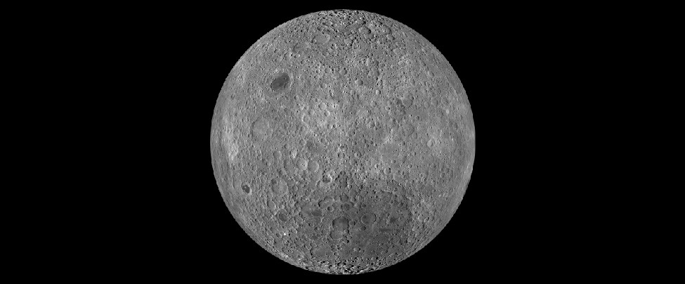 Image of the Moon taken by the Lunar Reconnaissance Orbiter. This composite image shows the Lunar surface not seen from Earth. This region is so heavily cratered that most overlap. Only one small mare (Lunar 