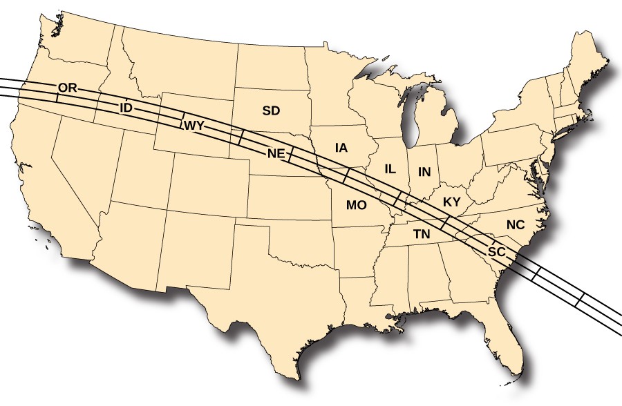 2017 Total Solar Eclipse. The path of the eclipse across the United States is drawn on this map. Beginning in OR, the path moves southeastward through ID, WY, NE, KS, MO, TN and SC.